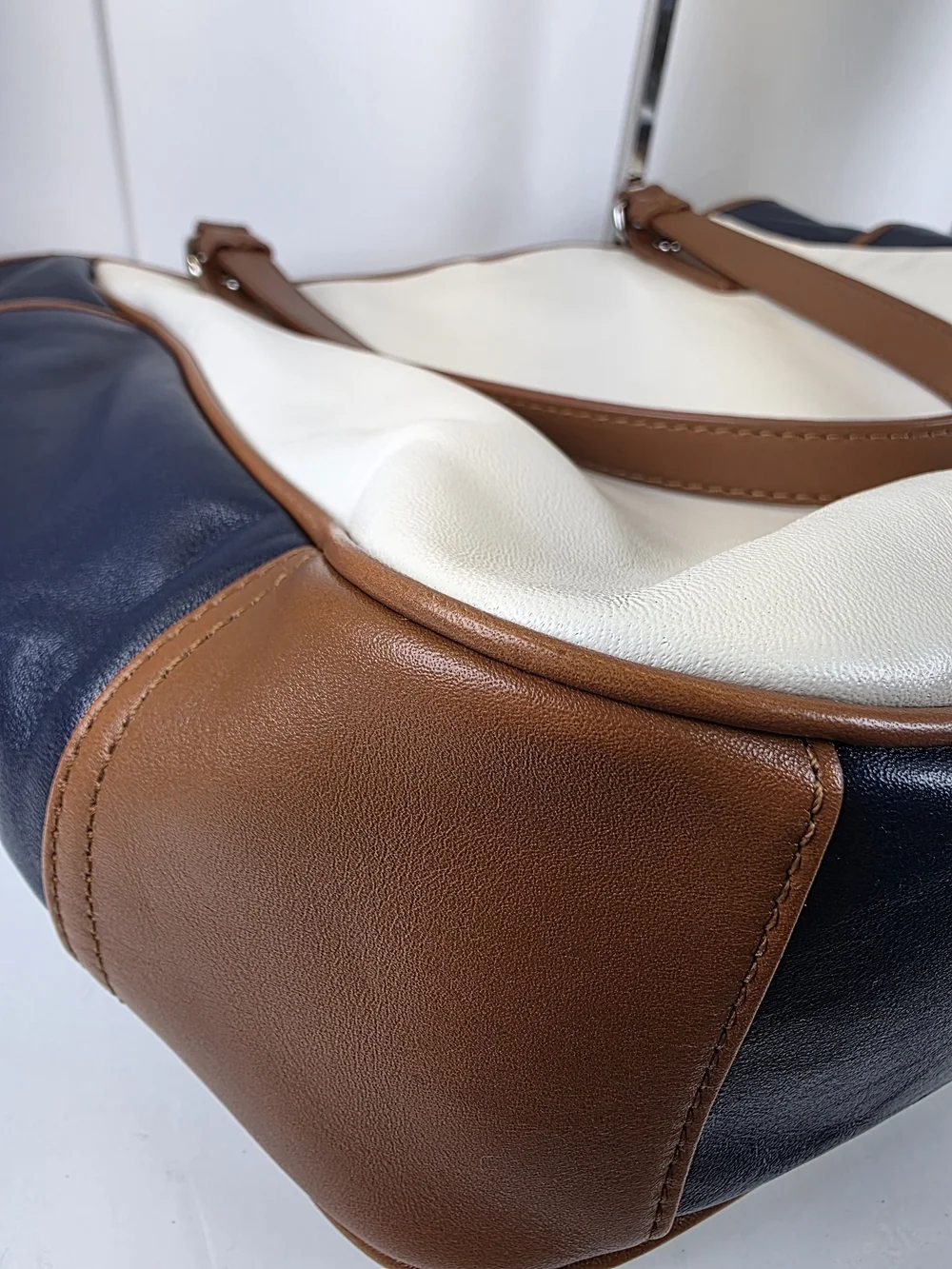Coach Park Y2K Colorblock White & Navy Leather Tote with Brown Trim Shoulder Bag